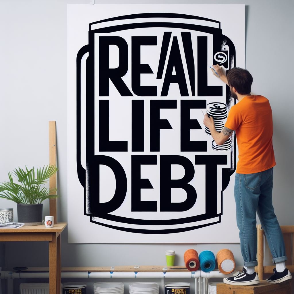 Man doing Real Life Debt wall art