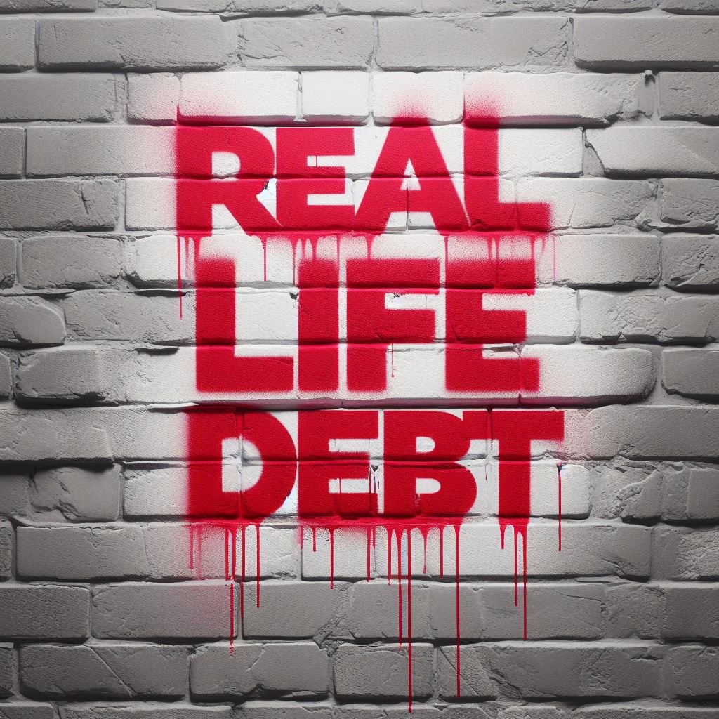 Red spray paint on brick wall "Real Life Debt"